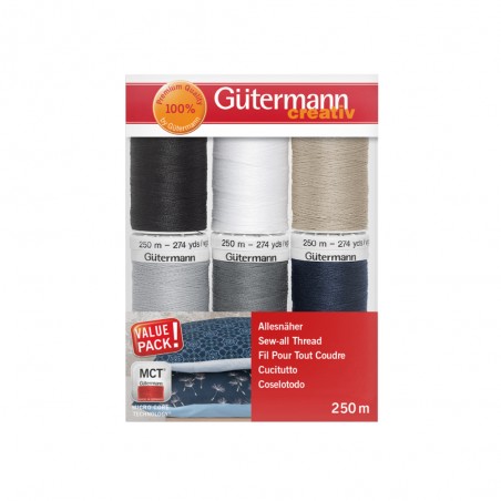 Set de Hilos Gütermann Grises para costura de 250m caja con 6 carretes